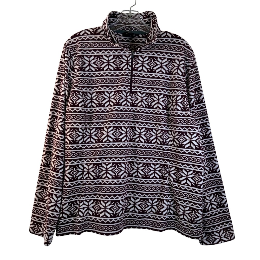 Lands End Womens XL 18 Burgundy Fair Isle Snowflake Fleece 1/4 Zip Pullover